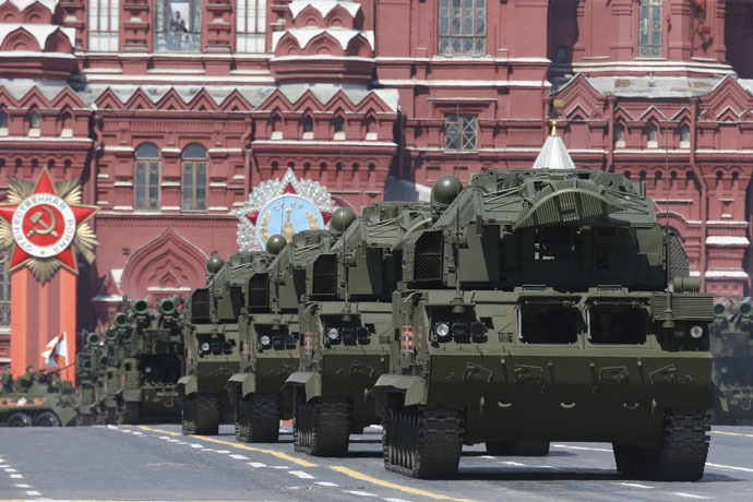 Russian TOR-M2U tactical surface-to-air missile systems drive during Victory Day parade at Red Square in Moscow